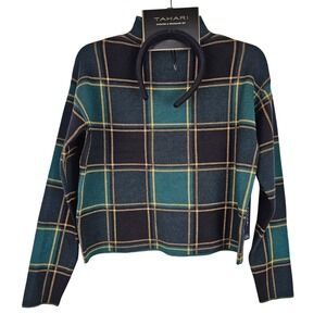 TAHARI Sweater & Headband Set Plaid Green Yellow Black Women XS Cozy‎ Knit